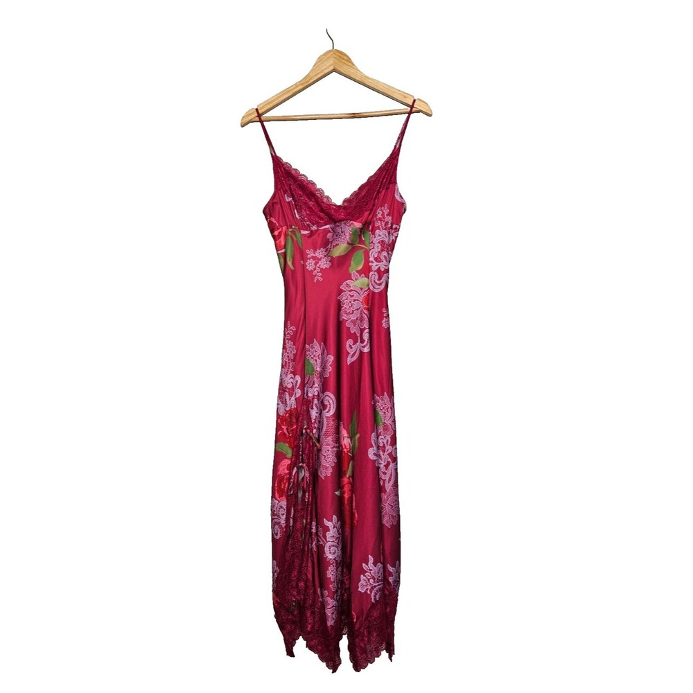 FREE PEOPLE Can We Talk Midi Slip Dress Small Pink Floral Lace Trim Asymmetric